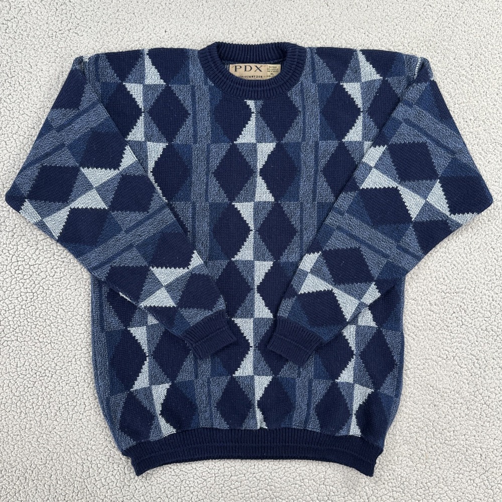VTG 90s PDX Jantzen Sweater Men XL Blue Geometric Grandpa Biggie Acrylic‎